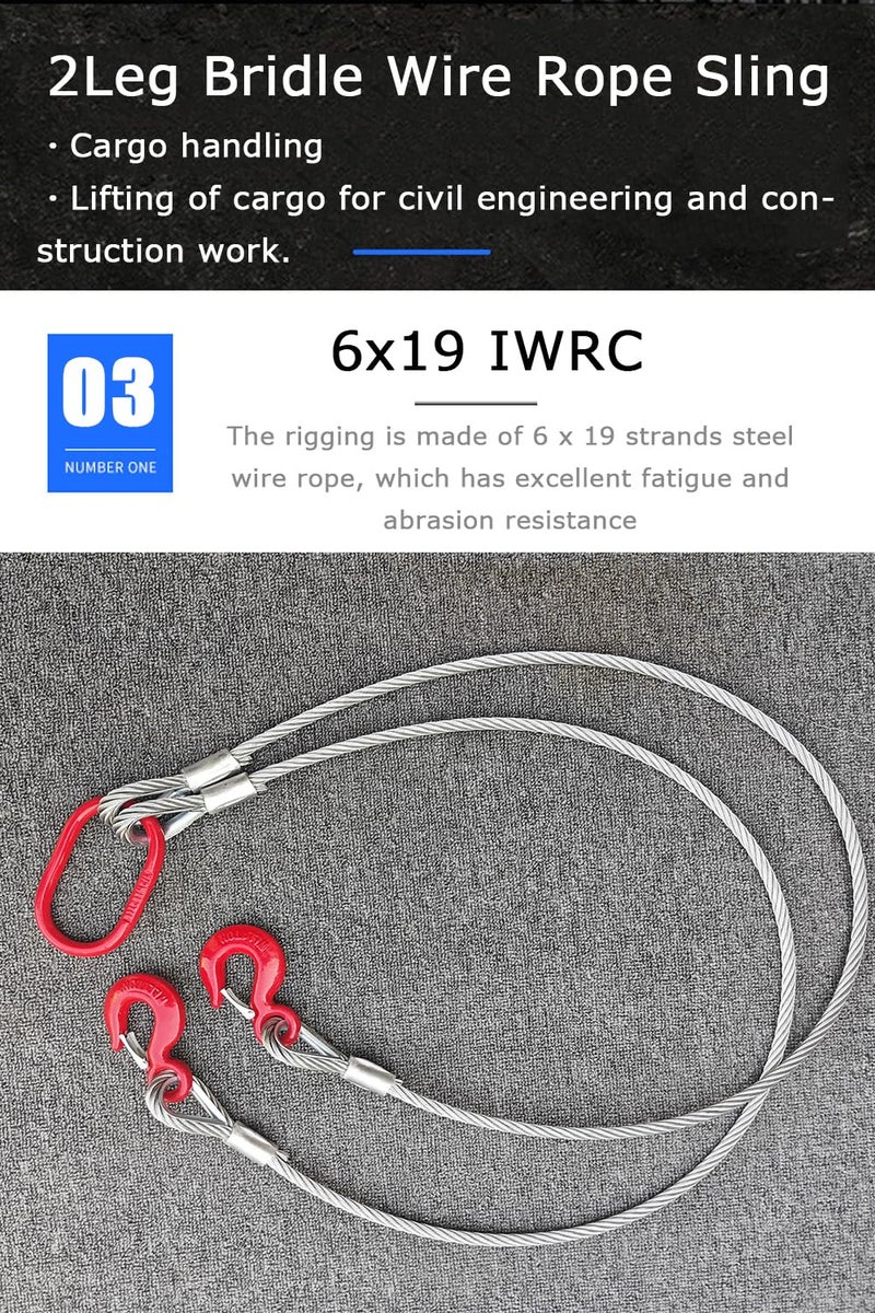 BORUI Wire Rope Sling Two Leg1/2Inch X 5 Ft Wire Rope 4410lbVertical Rated Capacity Heavy Duty Rope 2 Leg with Sling Hooks Heavy Duty Rigging Cable for Lifting and Towing 【 Two Leg-2ton】 - Image 4